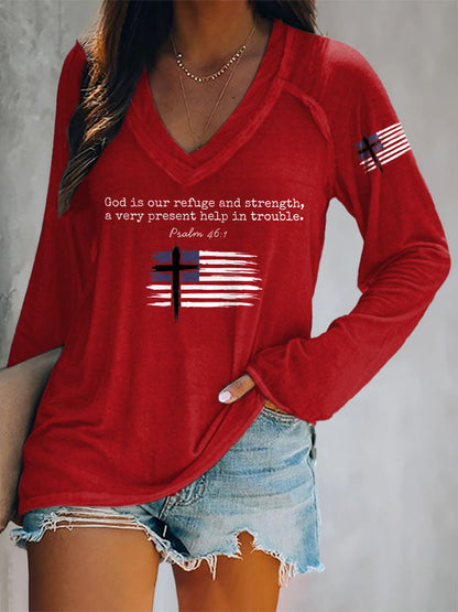 Women's Faith Flag Double Layer Neck Long Sleeve T-Shirt