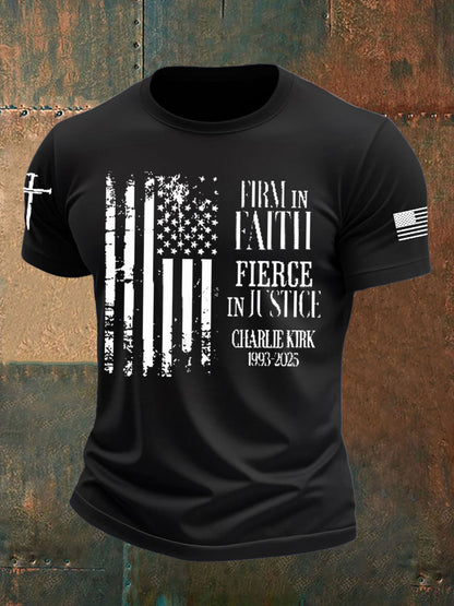 Men's Firm in Faith Fierce in Justice Shirt Political Gift Charlie Kirk 1993–2025 imitation cotton short-sleeved T-shirt