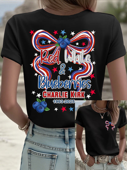 Women's Red White And Blueberries Print Casual T-shirt
