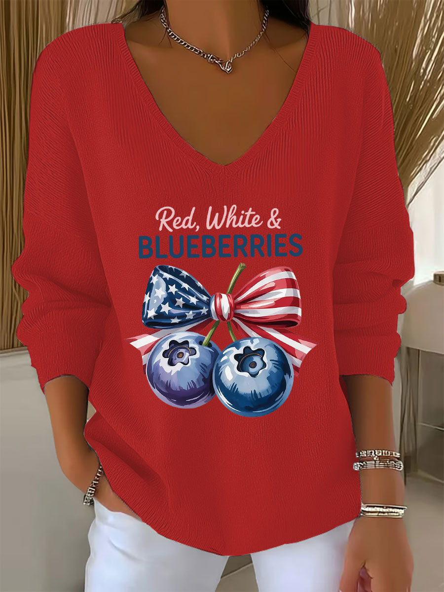 Women's 'Red White & Blueberries' V-neck long sleeve T-shirt