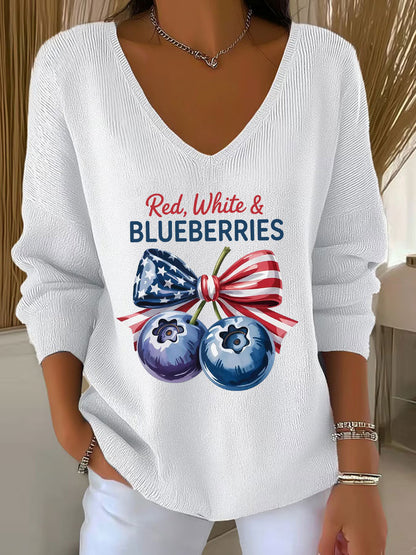Women's 'Red White & Blueberries' V-neck long sleeve T-shirt