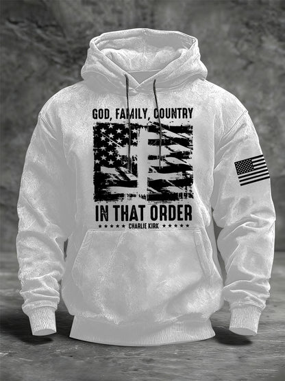 Men's God Family Country Charlie Kirk Oversized Drop-Shoulder Hoodie with Pockets