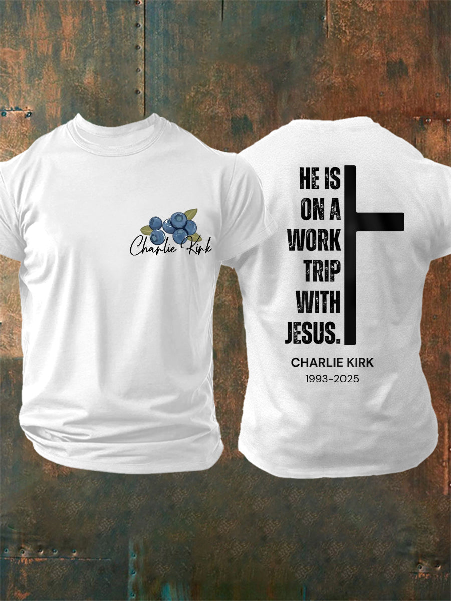 Men's He's On A Work Trip With Jesus Faith Based Inspired By Erika Kirk, Pray For Charlie Kirk Tee