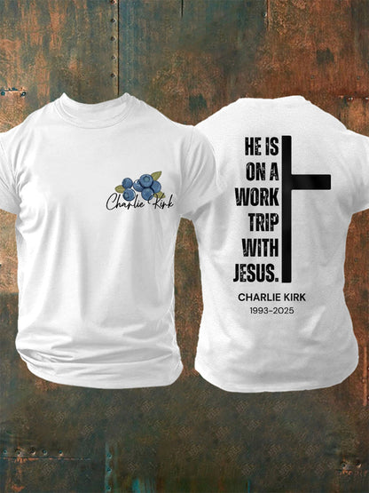 Men's He's On A Work Trip With Jesus Faith Based Inspired By Erika Kirk, Pray For Charlie Kirk Tee