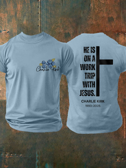 Men's He's On A Work Trip With Jesus Faith Based Inspired By Erika Kirk, Pray For Charlie Kirk Tee