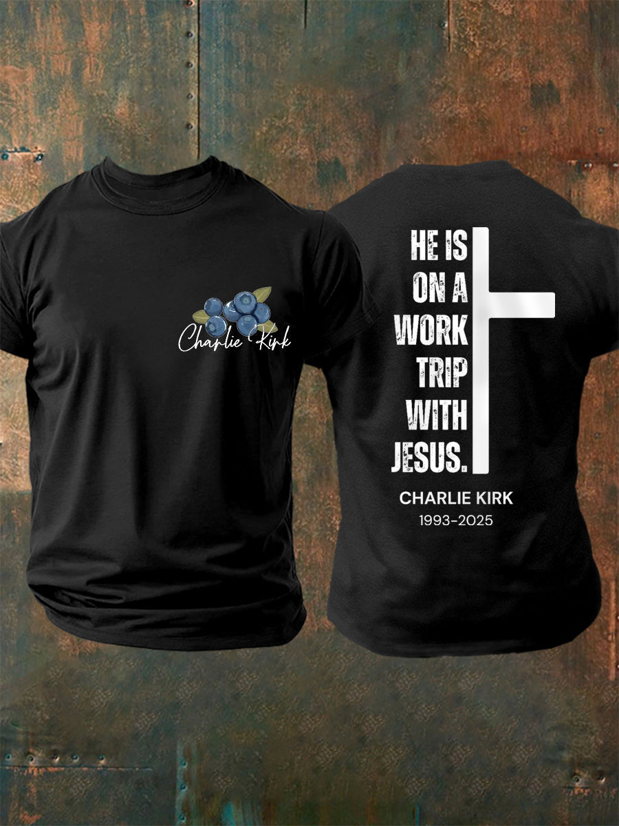 Men's He's On A Work Trip With Jesus Faith Based Inspired By Erika Kirk, Pray For Charlie Kirk Tee