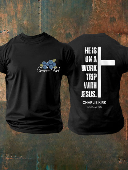 Men's He's On A Work Trip With Jesus Faith Based Inspired By Erika Kirk, Pray For Charlie Kirk Tee