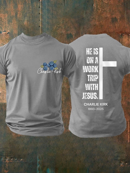 Men's He's On A Work Trip With Jesus Faith Based Inspired By Erika Kirk, Pray For Charlie Kirk Tee