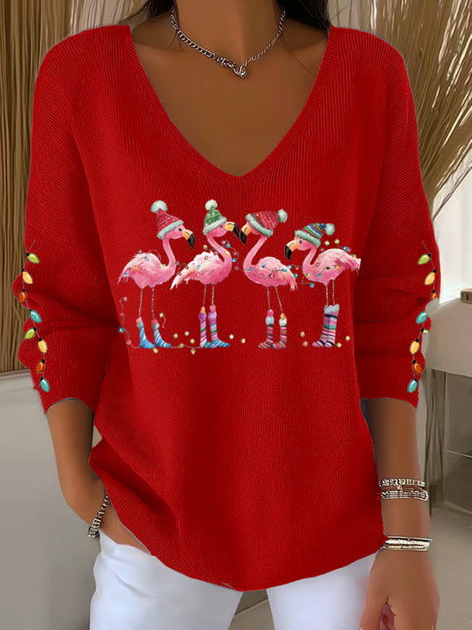 Women's Flamingo wearing Santa hat Printed Tops