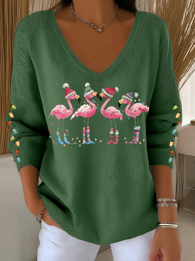 Women's Flamingo wearing Santa hat Printed Tops