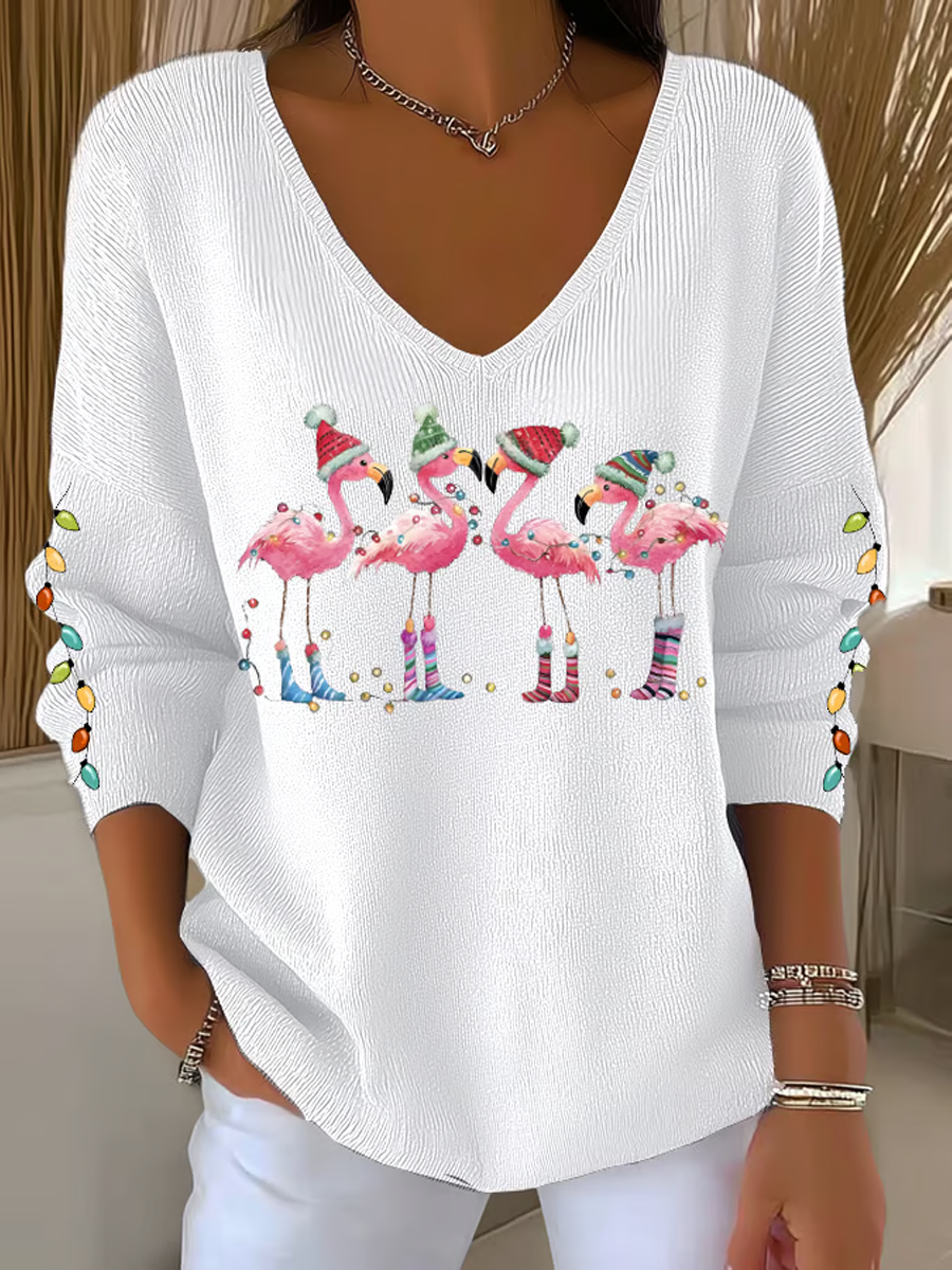 Women's Flamingo wearing Santa hat Printed Tops