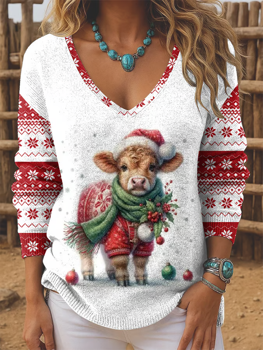 Women's Christmas Highland Cattle Printed Tops