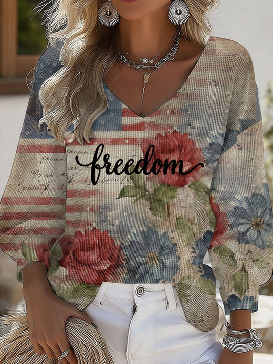 Women's Freedom Printed V-Neck Long Sleeve Shirt