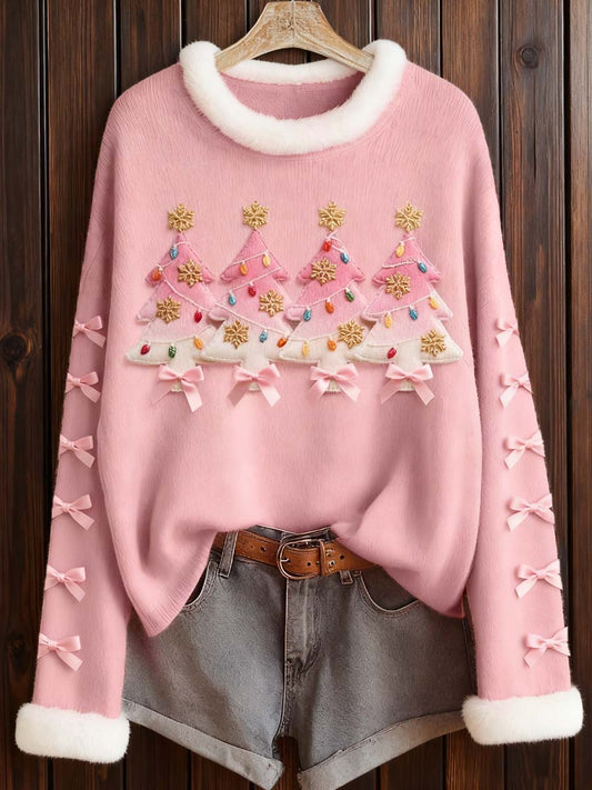 Women's Pink Christmas Tree Felt Art Furry Top