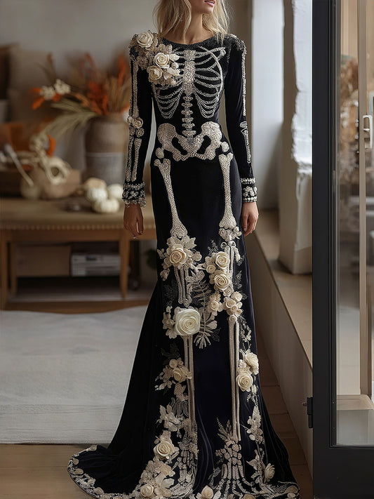 Women's Halloween Skeleton White Rose Dress