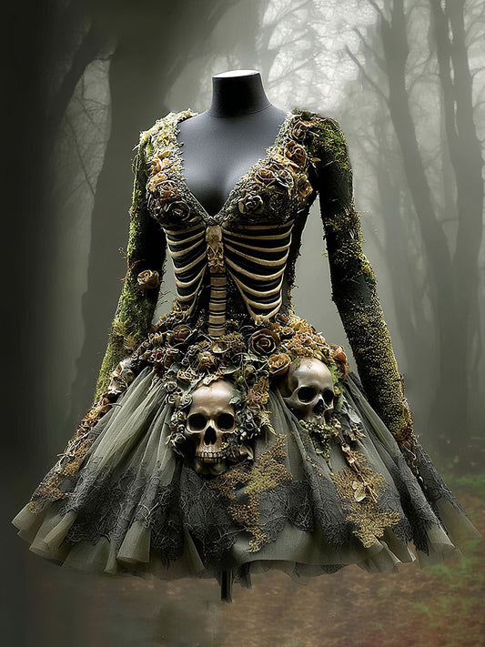Women's Halloween Skeleton V-Neck Dress