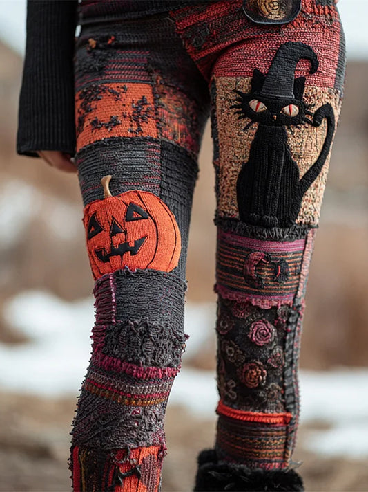 Women's Halloween Black Cat & Pumpkin Patchwork Art Leggings