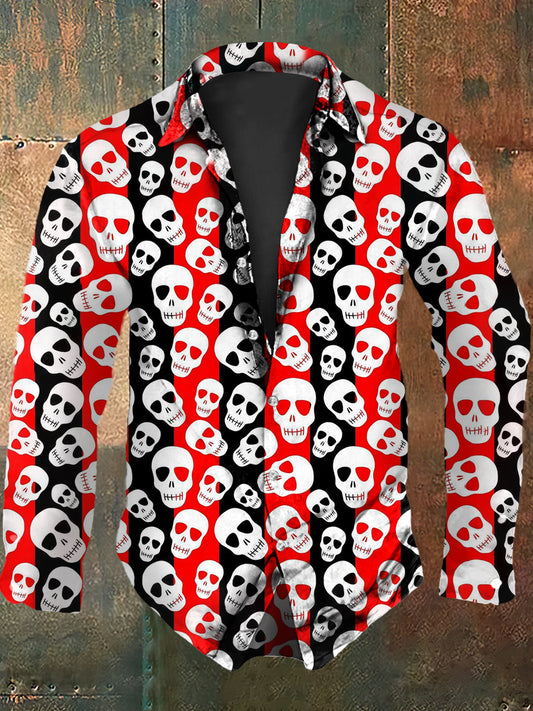 Retro Punk Halloween Red Skull Colour-Block Abstract Print Casual Long Sleeve Shirt
