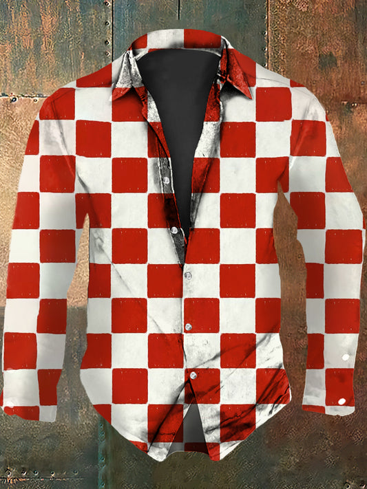 Retro Punk Halloween Streetwear Checkered Pattern Abstract Print Casual Long Sleeve Shirt