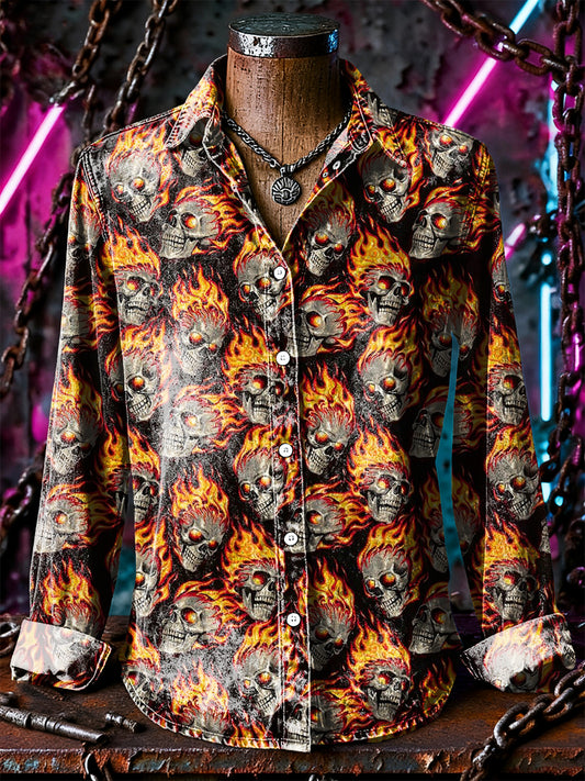 Retro Punk Halloween Flame Skull Abstract Print Casual Long Sleeve Shirt