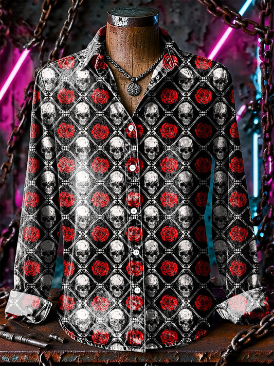 Retro Punk Halloween Tartan Skull Rose Abstract Print Casual Long Sleeve Shirt