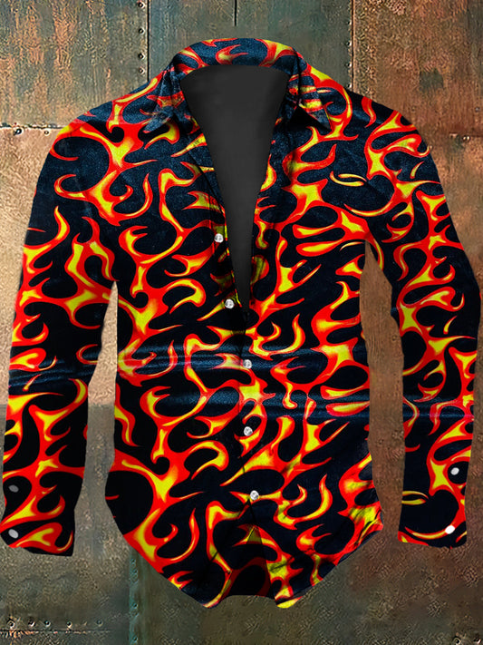 Retro Punk Halloween Gradient Flames Abstract Print Casual Long Sleeve Shirt