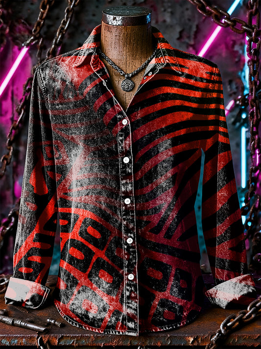 Retro Punk Halloween Red Zebra Abstract Print Casual Long Sleeve Shirt