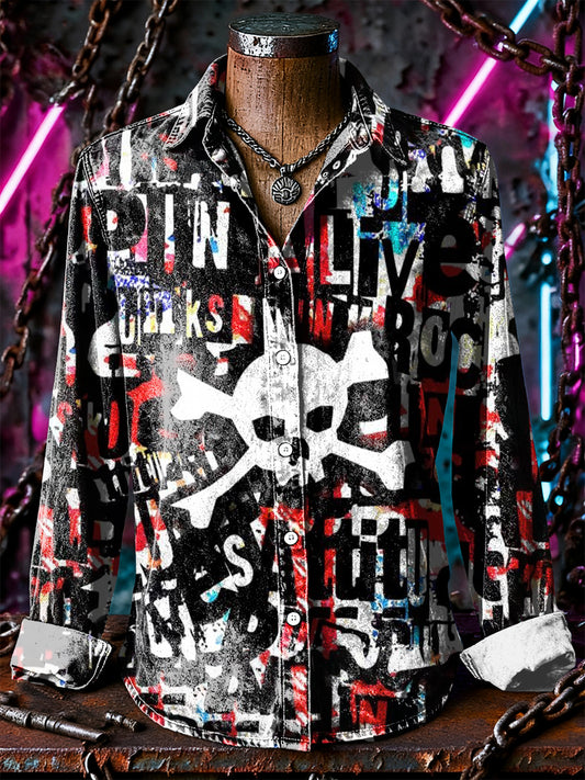 Retro Punk Halloween Colourful Graffiti Skull Abstract Print Casual Long Sleeve Shirt
