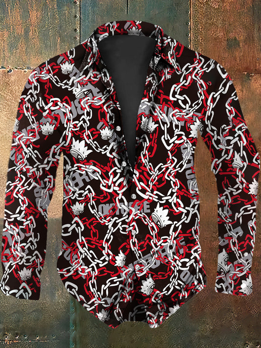 Retro Punk Halloween Streetwear Chain Crown Graffiti Abstract Print Casual Long Sleeve Shirt
