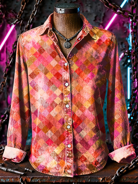 Retro Punk Halloween Colourful Plaid Abstract Print Casual Long Sleeve Shirt