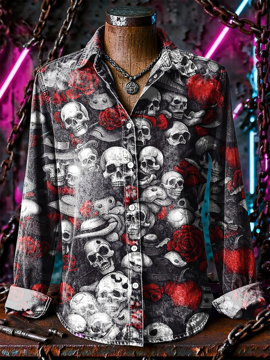 Retro Punk Halloween Red Rose Skull Abstract Print Casual Long Sleeve Shirt