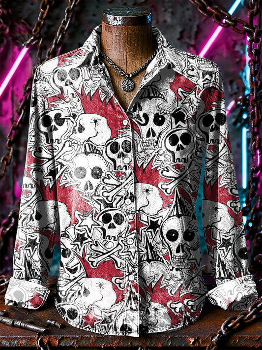 Retro Punk Halloween Multicoloured Graffiti Rock Skull Abstract Print Casual Long Sleeve Shirt
