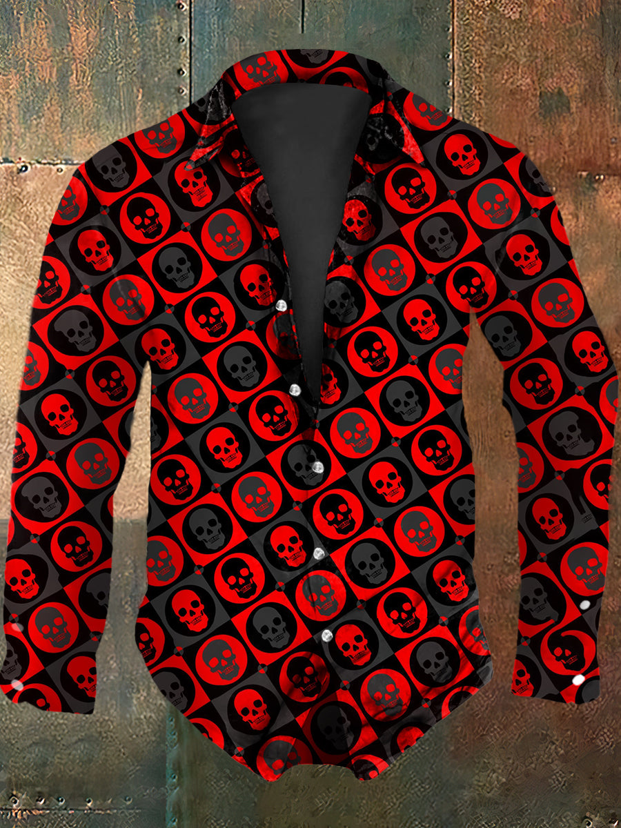 Retro Punk Halloween Plaid Skull Abstract Print Casual Long Sleeve Shirt