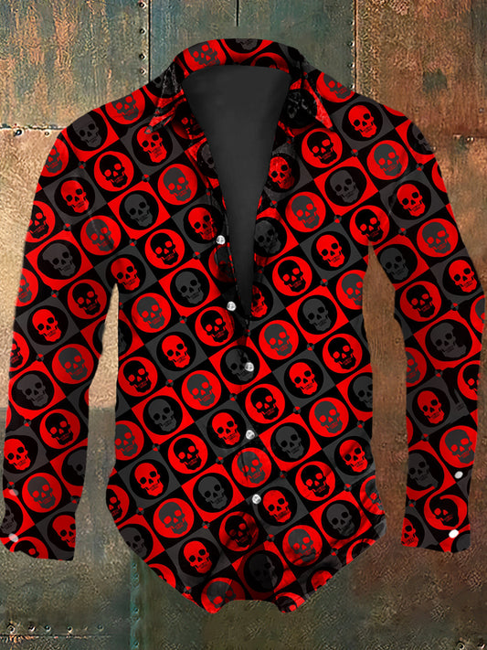 Retro Punk Halloween Plaid Skull Abstract Print Casual Long Sleeve Shirt