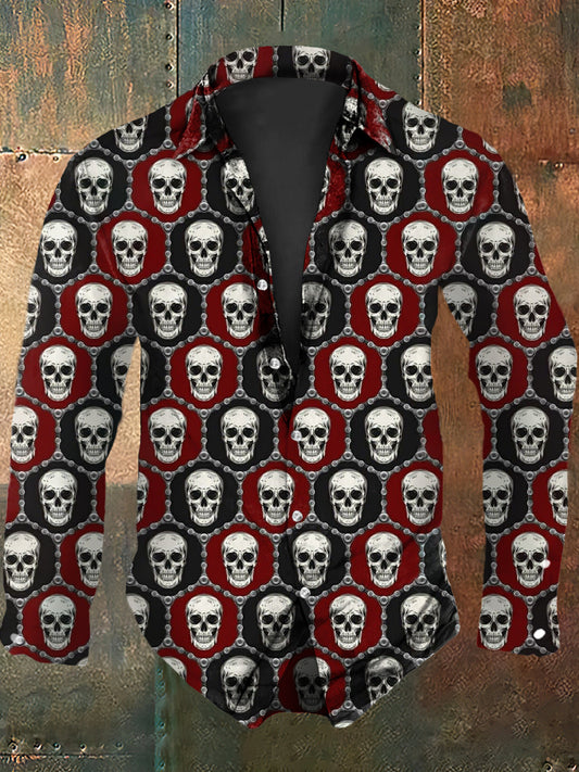 Retro Punk Skull Patchwork Check Abstract Print Casual Long Sleeve Shirt