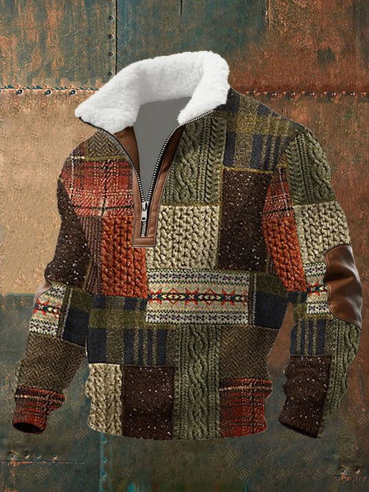 Men's Retro Patchwork Cable Pattern Print Fur Collar Zipper Sweatshirt