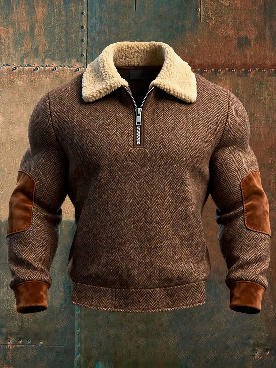 Men's Retro Herringbone Print Fur-Collar Zipper Sweatshirt