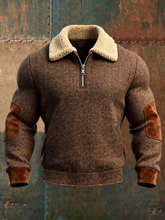 Men's Retro Herringbone Print Fur-Collar Zipper Sweatshirt