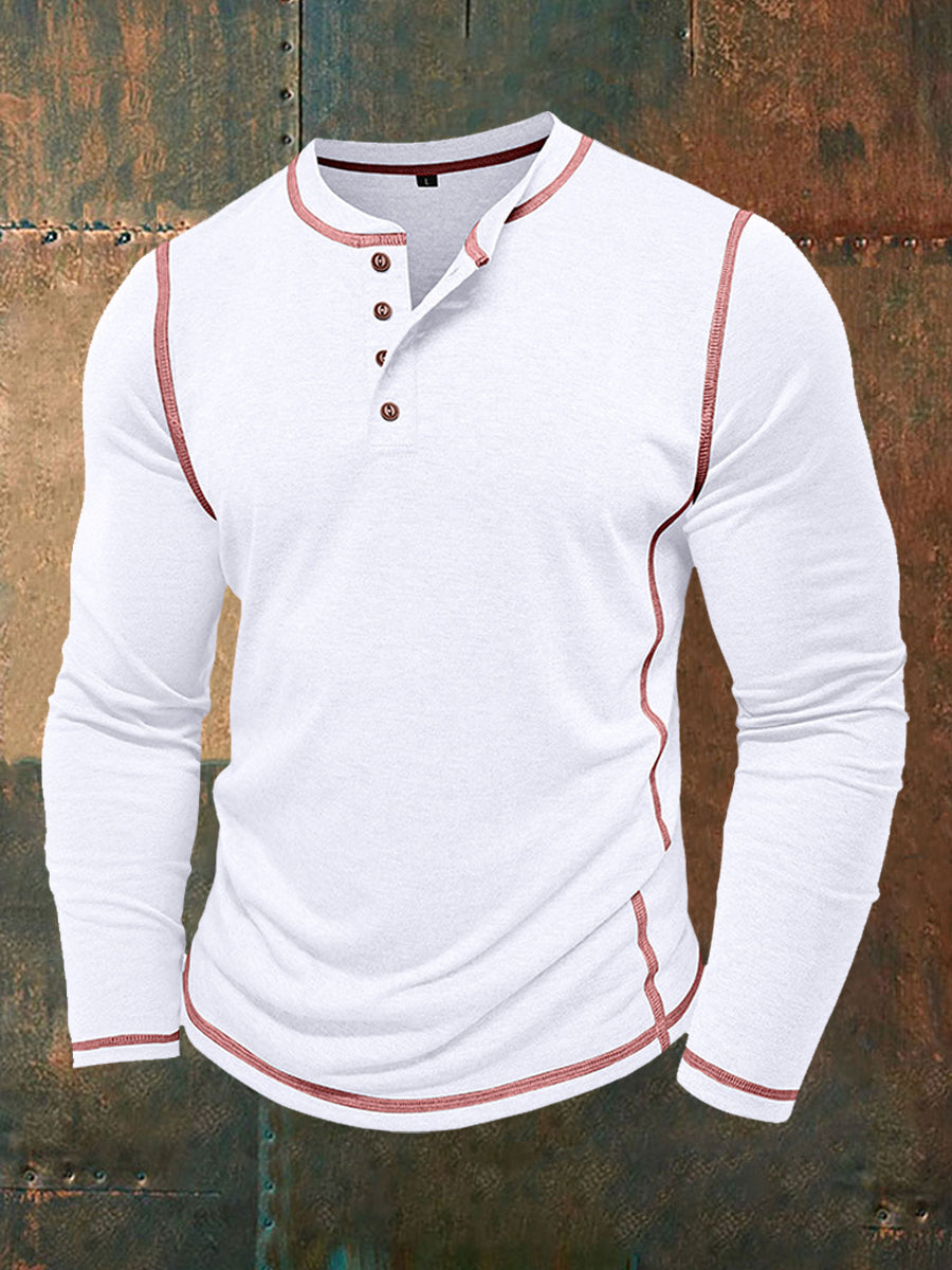 Men's Solid Color Casual Henley Collar Long-Sleeve T-Shirt