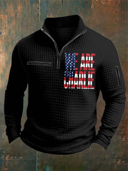 Men's Charlie Kirk Printed Waffler Casual Zipper Sweater