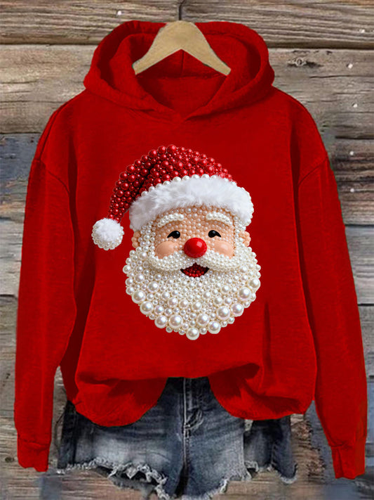 Women's Christmas Pearl Santa Claus Print Casual Hoodie