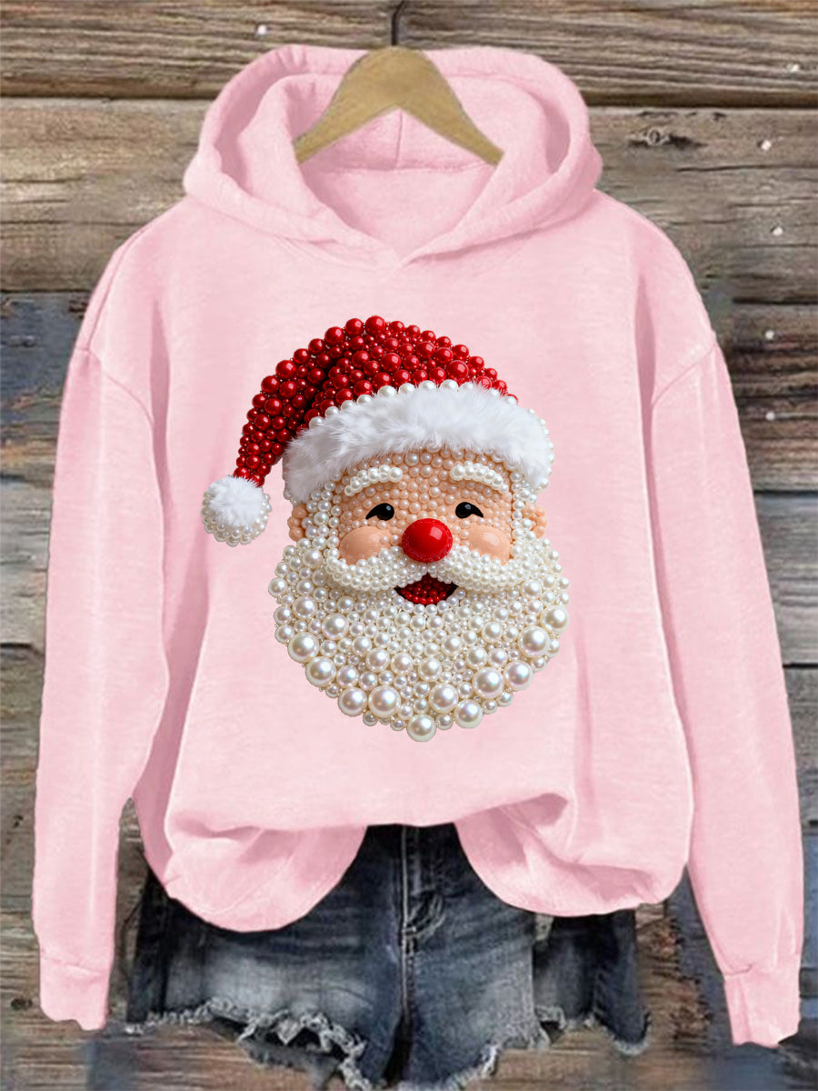 Women's Christmas Pearl Santa Claus Print Casual Hoodie