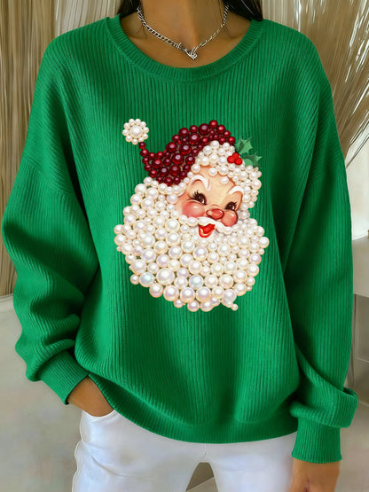 Women's Christmas Pearl Santa Claus Print Casual Sweater