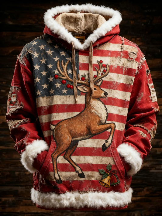 Men's Retro American Flag Christmas Elk Printed Hoodie