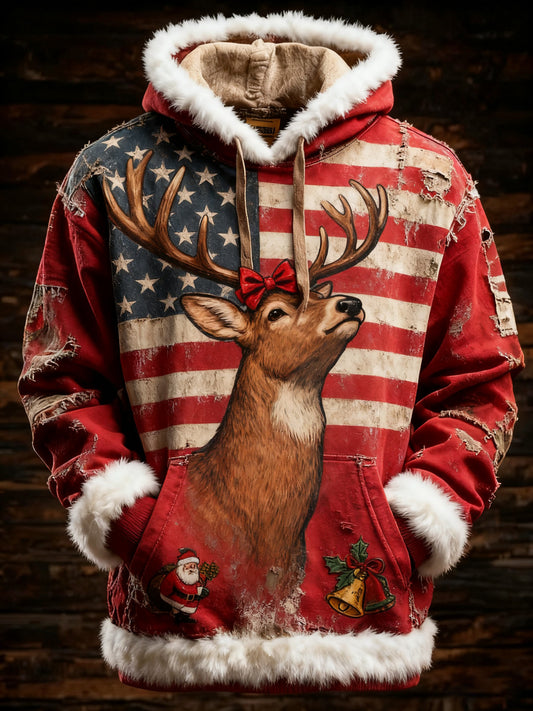 Men's Retro American Flag Christmas Elk Printed Hoodie
