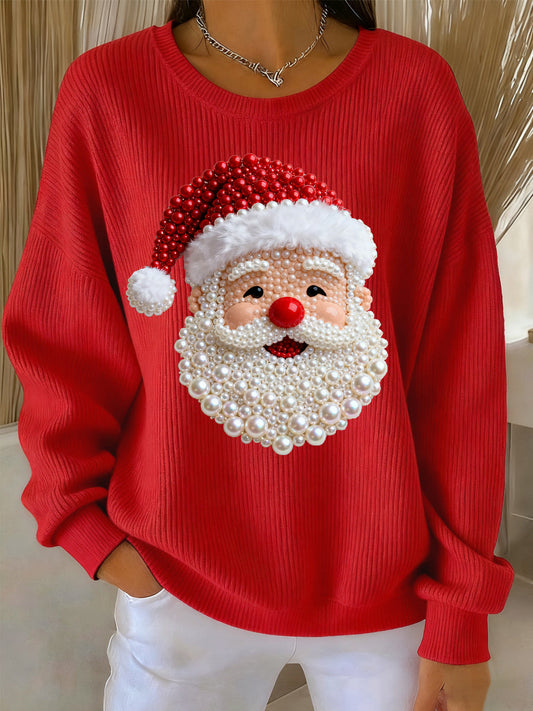 Women's Christmas Pearl Santa Claus Print Casual Sweater