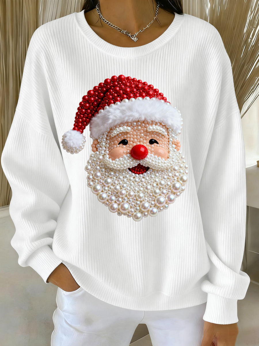 Women's Christmas Pearl Santa Claus Print Casual Sweater