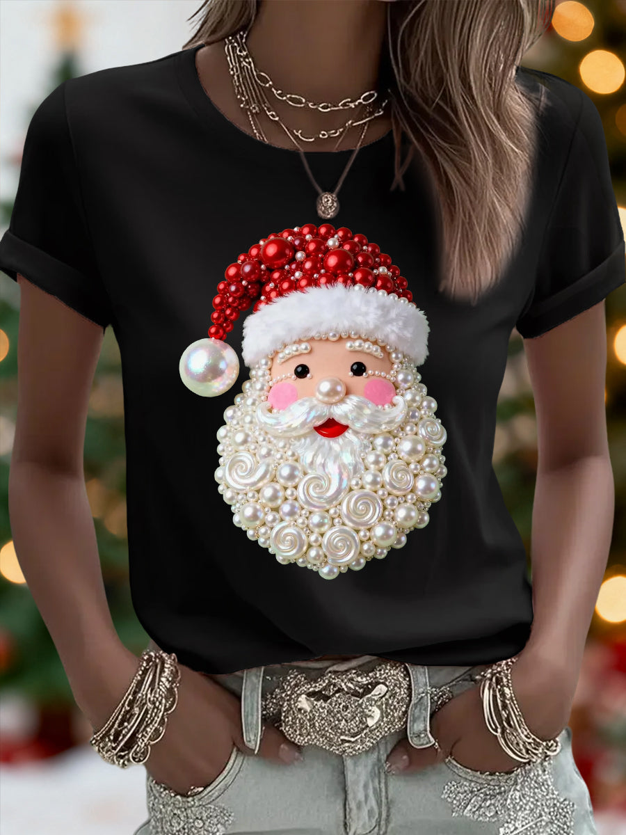 Women's Christmas Pearl Santa Claus Print Casual Tee
