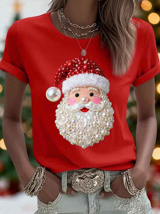Women's Christmas Pearl Santa Claus Print Casual Tee