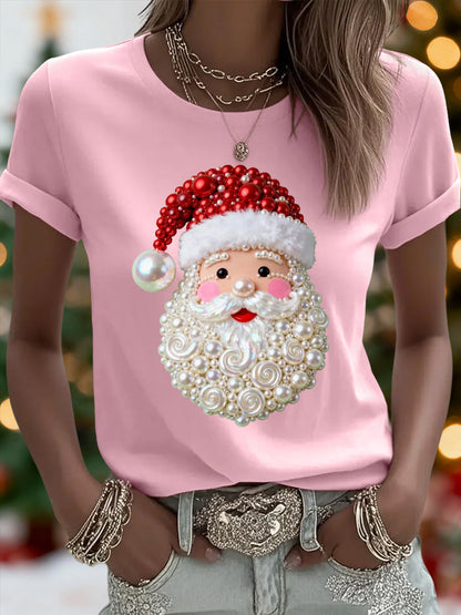 Women's Christmas Pearl Santa Claus Print Casual Tee
